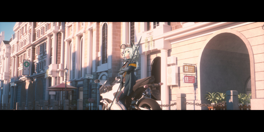 1girl absurdres animal_ears arknights bangeningmeng black_jacket building closed_mouth crossed_arms grani_(arknights) grey_hair highres horse_ears jacket lamppost leaning_back long_hair open_clothes open_jacket outdoors ponytail shadow smile solo starbucks violet_eyes