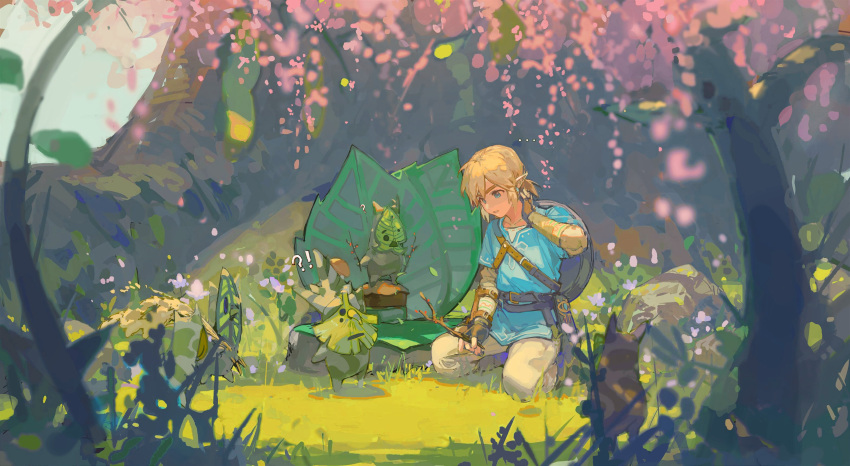 !? 1boy absurdres arm_guards belt blonde_hair blue_eyes blue_tunic boots cherry_blossoms chest_strap ciloranko earrings fingerless_gloves full_body gloves grass hair_between_eyes hand_on_own_neck highres holding holding_stick jewelry kneeling korok leaf link low_ponytail mask medium_hair outdoors parted_lips pointy_ears rock shield stick talking the_legend_of_zelda the_legend_of_zelda:_breath_of_the_wild tree