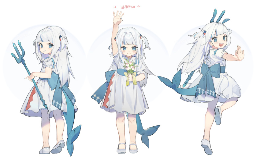 1girl absurdres blue_bow blue_eyes blue_hair bow commentary denpa_noise dress fish_tail gawr_gura grey_hair highres holding holding_weapon hololive hololive_english multicolored_hair open_hand parted_lips polearm shark_tail sharp_teeth smile streaked_hair tail teeth trident two_side_up v-shaped_eyebrows virtual_youtuber weapon white_background white_dress white_footwear