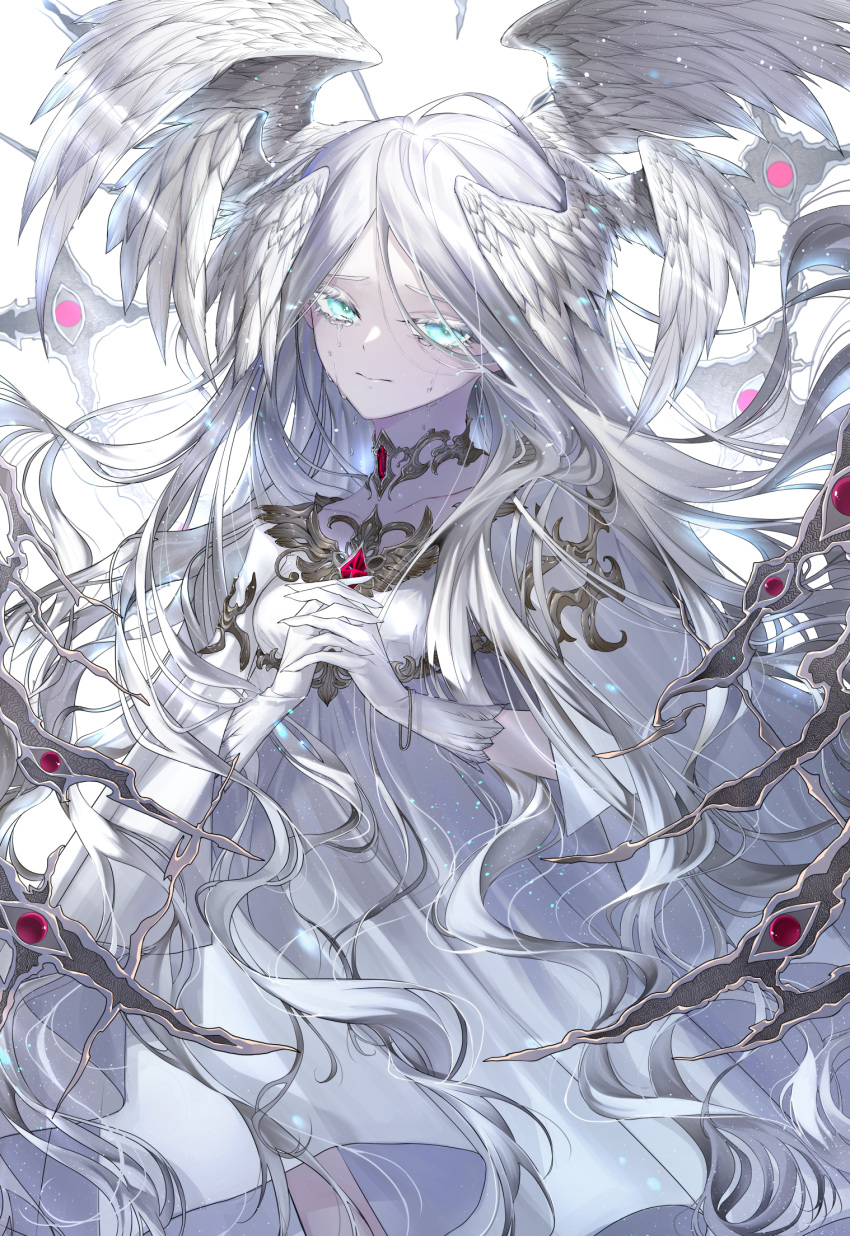 angel angel_wings blue_eyes bracelet chocolate4170615 crying crying_with_eyes_open dress extra_eyes gloves grey_hair highres jewelry long_hair looking_at_viewer multiple_wings original solo tears very_long_hair white_background wings