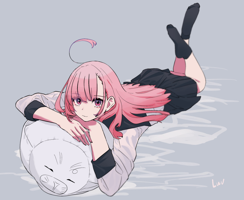 1girl absurdres ahoge bangs black_legwear highres long_hair looking_at_viewer luvluvvox lying on_stomach original pink_eyes pink_hair pleated_skirt school_uniform serafuku skirt smile socks solo stuffed_toy