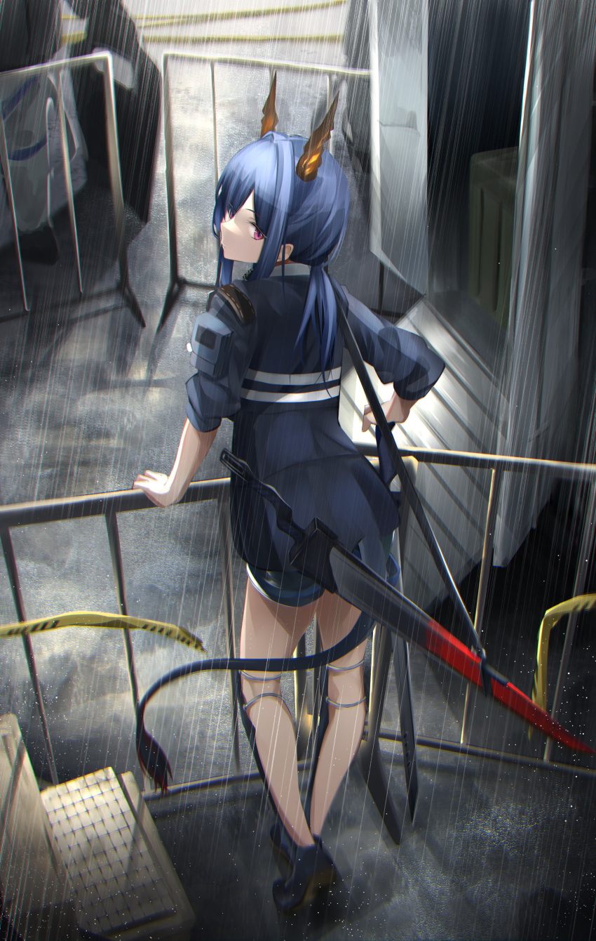 1girl absurdres arknights blue_hair blue_jacket blue_shorts boots ch'en_(arknights) commentary_request dragon_girl dragon_horns dragon_tail fur-tipped_tail heimu_(heim_kstr) highres holstered_weapon horns jacket knee_boots long_hair partial_commentary rain red_eyes sheath sheathed shin_guards shorts sword tail weapon