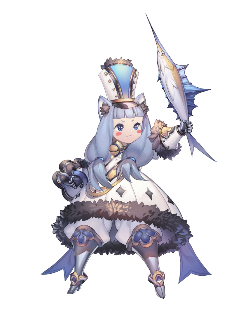 1girl absurdres animal animal_ear_fluff animal_ears arm_up armor bangs bell blue-eyes_white_dragon blue_hair blue_headwear blunt_bangs blush_stickers cacaco cat_ears cat_girl closed_mouth dress fang fang_out fish fur-trimmed_dress fur_trim gauntlets greaves hat highres holding holding_animal holding_fish holding_shield holding_weapon light_blue_hair long_hair multicolored_clothes multicolored_headwear neck_bell original shield simple_background smile solo standing weapon white_background white_dress white_headwear