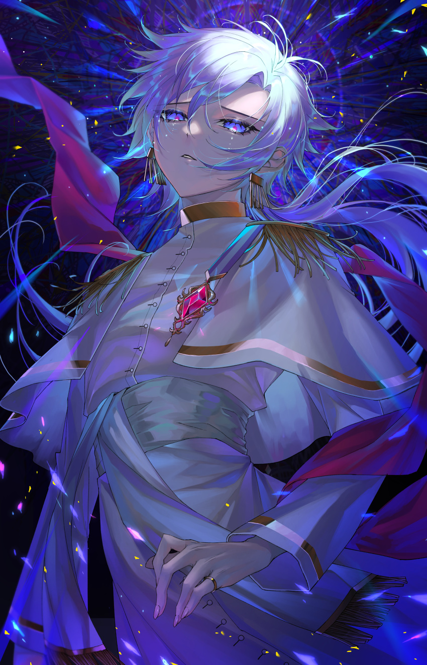1boy absurdres blue_eyes chocolate4170615 crying crying_with_eyes_open earrings eyelashes hands_on_hips highres jewelry long_hair long_sleeves looking_to_the_side low_ponytail male_focus open_mouth original parted_lips ring sky solo star_(sky) starry_sky tears white_hair