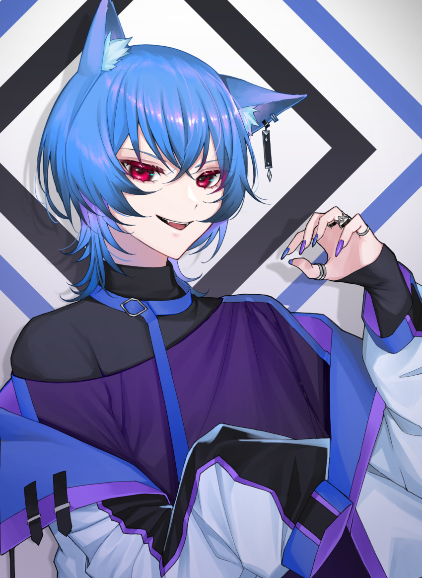 1boy animal_ears blue_hair cat_boy cat_ears chocolate4170615 ear_piercing fangs highres jacket jewelry long_sleeves looking_at_viewer male_focus nail_polish open_mouth original piercing ring short_hair sleeves_past_wrists solo tongue tongue_out turtleneck violet_eyes