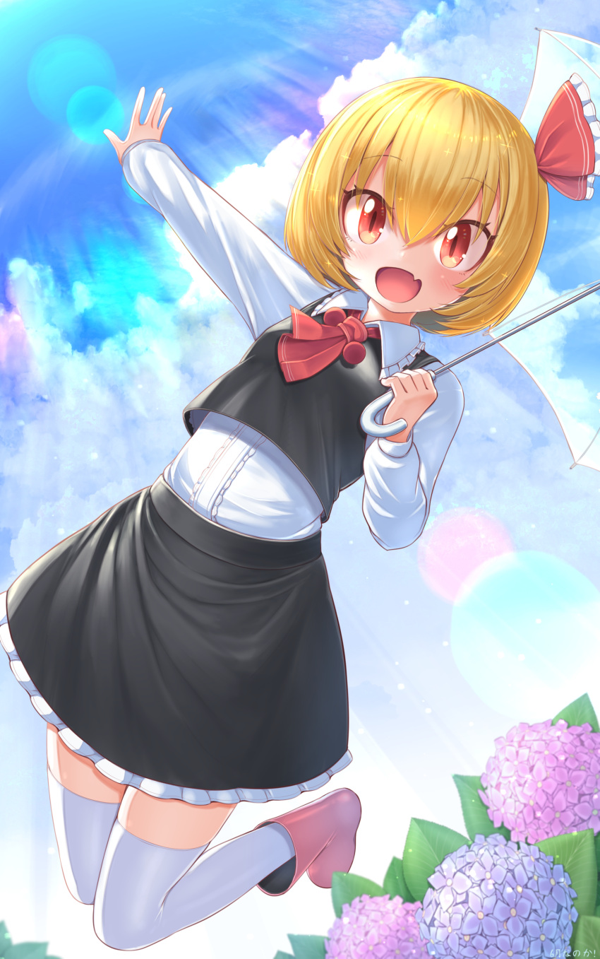 1girl absurdres black_skirt black_vest blonde_hair collared_shirt fang harunoha highres long_sleeves medium_hair necktie outstretched_arms red_eyes red_necktie rumia shirt skirt skirt_set solo spread_arms thigh-highs touhou vest white_legwear white_shirt