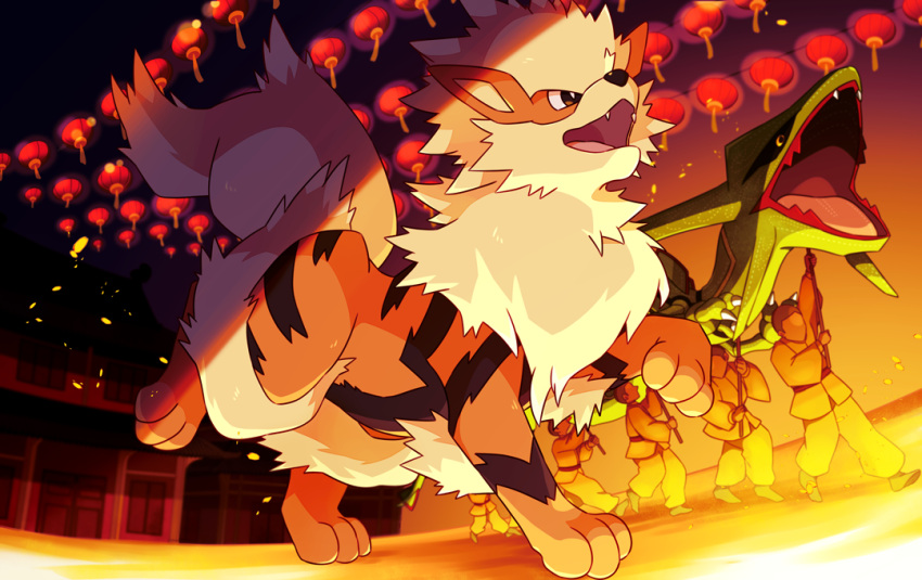 5boys arcanine bright_pupils brown_eyes commentary_request fangs from_below holding ktyon3 male_focus multiple_boys night open_mouth outdoors pokemon pokemon_(creature) rayquaza standing tongue white_pupils