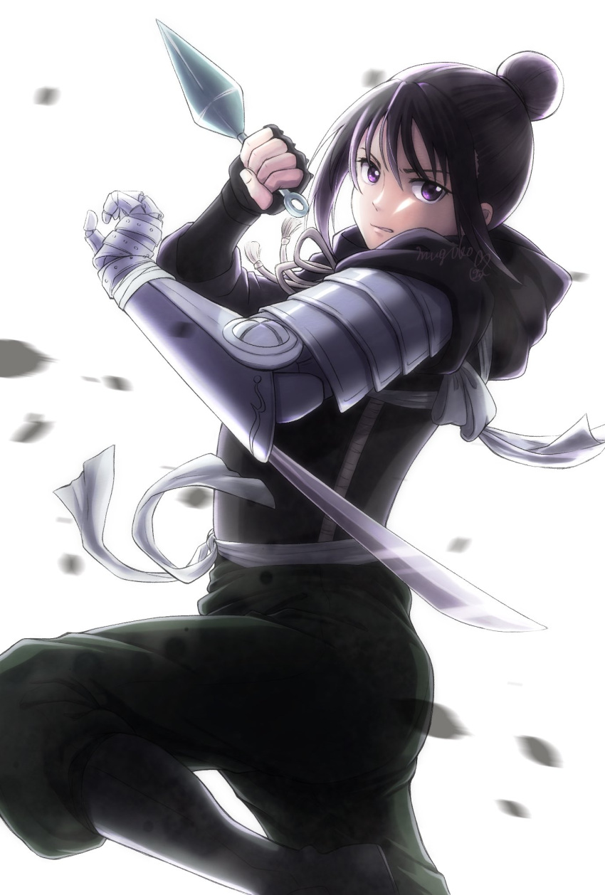 1girl arm_blade armor automail bandaged_hand bandages bangs black_footwear black_gloves black_hair black_pants boots falling_leaves fingerless_gloves from_side fullmetal_alchemist gloves hair_bun hands_up highres holding holding_weapon hood hood_down knee_boots kunai lan_fan leaf long_sleeves looking_at_viewer mugi_exe pants pants_tucked_in sash shoulder_armor sidelocks signature simple_background single_hair_bun solo standing standing_on_one_leg violet_eyes weapon white_background wind