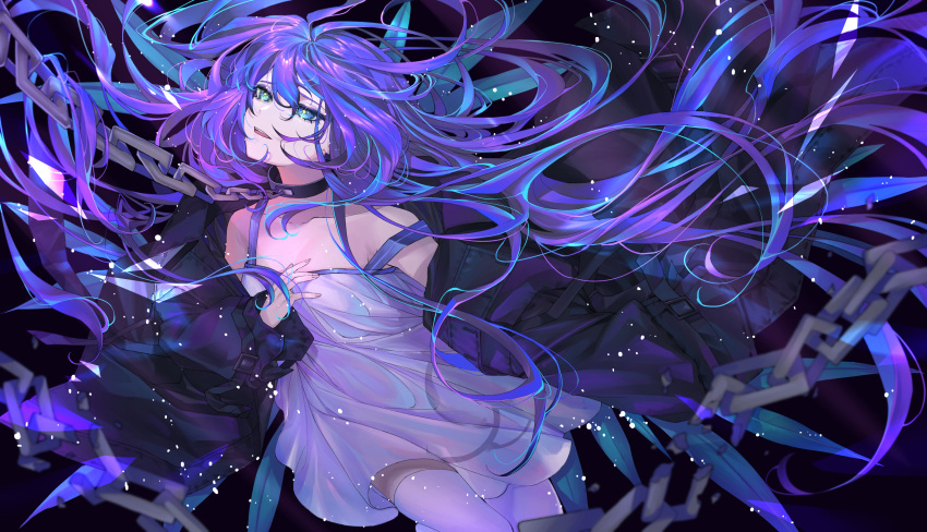 1girl absurdres blue_eyes blue_hair chocolate4170615 choker dress facing_to_the_side highres jacket long_hair long_sleeves looking_to_the_side multicolored_hair open_mouth original purple_hair sky solo star_(sky) starry_sky thigh-highs very_long_hair white_dress