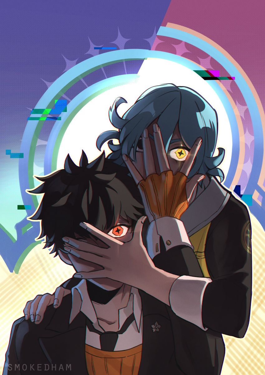 +_+ 1boy 1girl absurdres ai_the_somnium_files ai_the_somnium_files:_nirvana_initiative artist_name black_eyes black_hair black_necktie blue_hair collared_shirt english_commentary fingerless_gloves gloves glowing glowing_eye hair_between_eyes hand_on_another's_face hand_on_another's_shoulder heterochromia highres long_sleeves looking_at_viewer necktie okiura_mizuki orange_gloves red_eyes ryuki_kuruto shirt smokedkun teeth upper_teeth white_shirt yellow_eyes