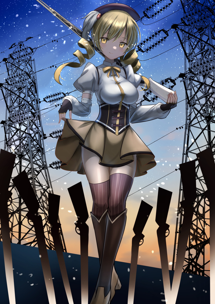 1girl absurdres blonde_hair boots breasts brown_footwear brown_gloves brown_headwear brown_legwear closed_mouth commentary corset detached_sleeves feet_out_of_frame fingerless_gloves gloves gun hana_hebi high_collar highres knee_boots large_breasts long_sleeves looking_at_viewer magical_girl magical_musket mahou_shoujo_madoka_magica medium_hair neck_ribbon power_lines puffy_short_sleeves puffy_sleeves ribbon shirt short_sleeves skirt skirt_hold sky smile solo star_(sky) starry_sky striped tomoe_mami twintails vertical_stripes weapon white_shirt yellow_eyes yellow_ribbon yellow_skirt zettai_ryouiki