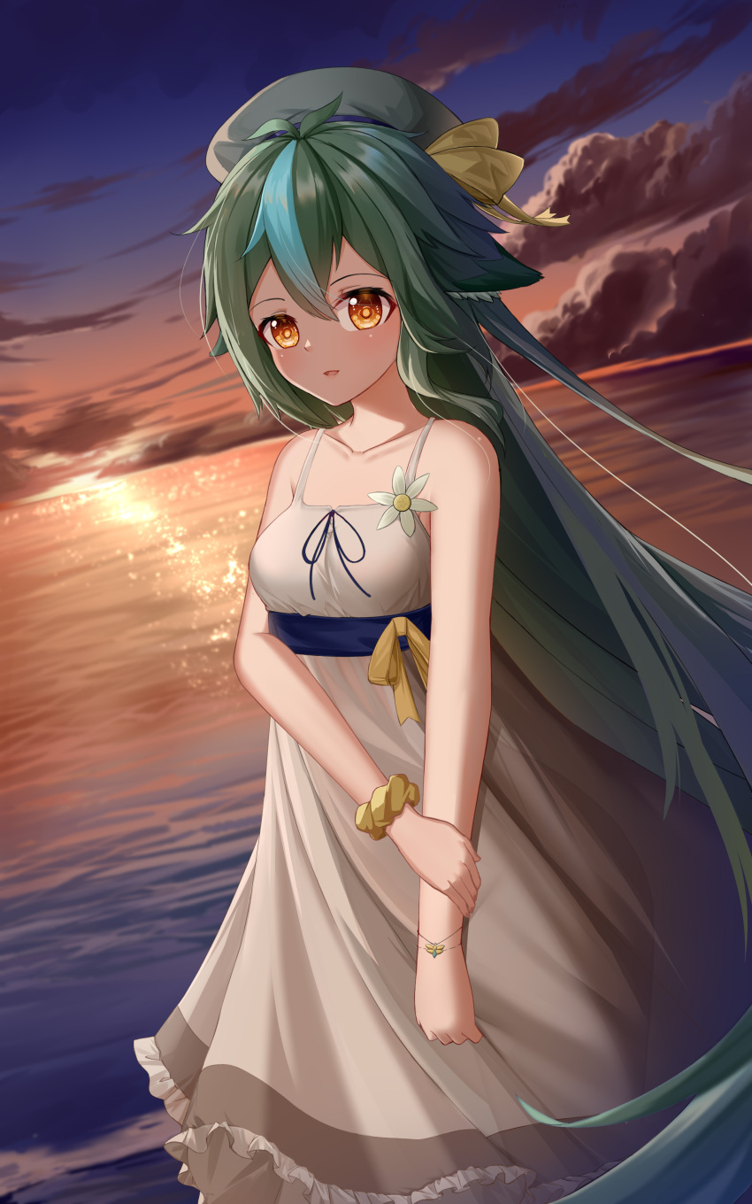 1girl :d absurdres alternate_costume alternate_hairstyle bangs bow bracelet casual cat_girl cat_tail clouds cloudy_sky collarbone commentary_request dress genshin_impact green_hair hair_between_eyes hair_down hat hat_bow hat_ribbon highres holding_own_arm horizon jewelry long_hair looking_at_viewer multicolored_hair no_eyewear ocean orange_eyes parted_lips ribbon scrunchie sidelocks sky skym_(kumei) sleeveless smile solo spaghetti_strap streaked_hair sucrose_(genshin_impact) tail twilight two-tone_hair white_dress wrist_scrunchie