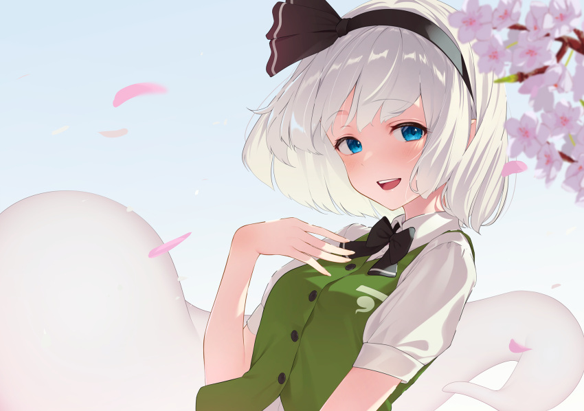 1girl :d bangs black_bow black_hairband black_ribbon blue_eyes blush bow bowtie breasts green_vest hair_ribbon hairband highres hitodama kanpa_(campagne_9) konpaku_youmu konpaku_youmu_(ghost) looking_at_viewer open_mouth petals puffy_short_sleeves puffy_sleeves ribbon shirt short_hair short_sleeves smile solo touhou upper_body vest white_shirt