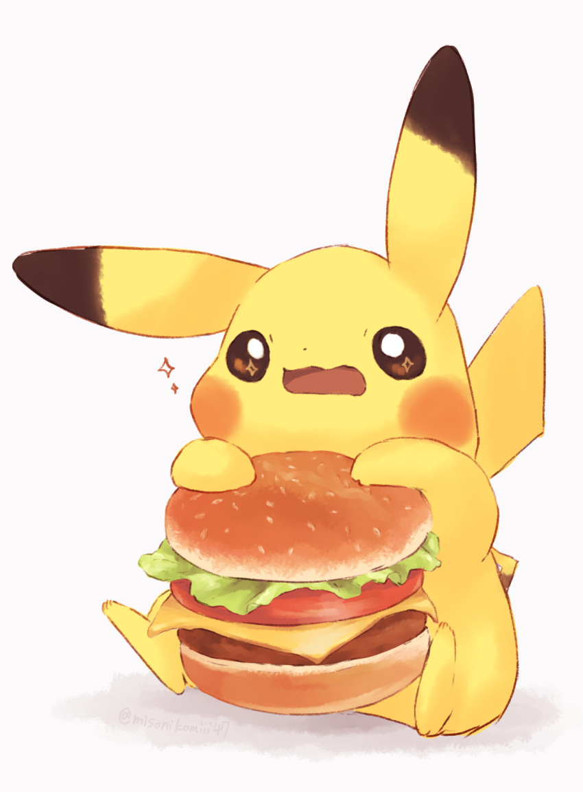 beef bread burger cheese commentary food highres holding lettuce misonikomiii no_humans open_mouth pikachu pokemon pokemon_(creature) shadow simple_background sitting sparkle sparkling_eyes tomato white_background
