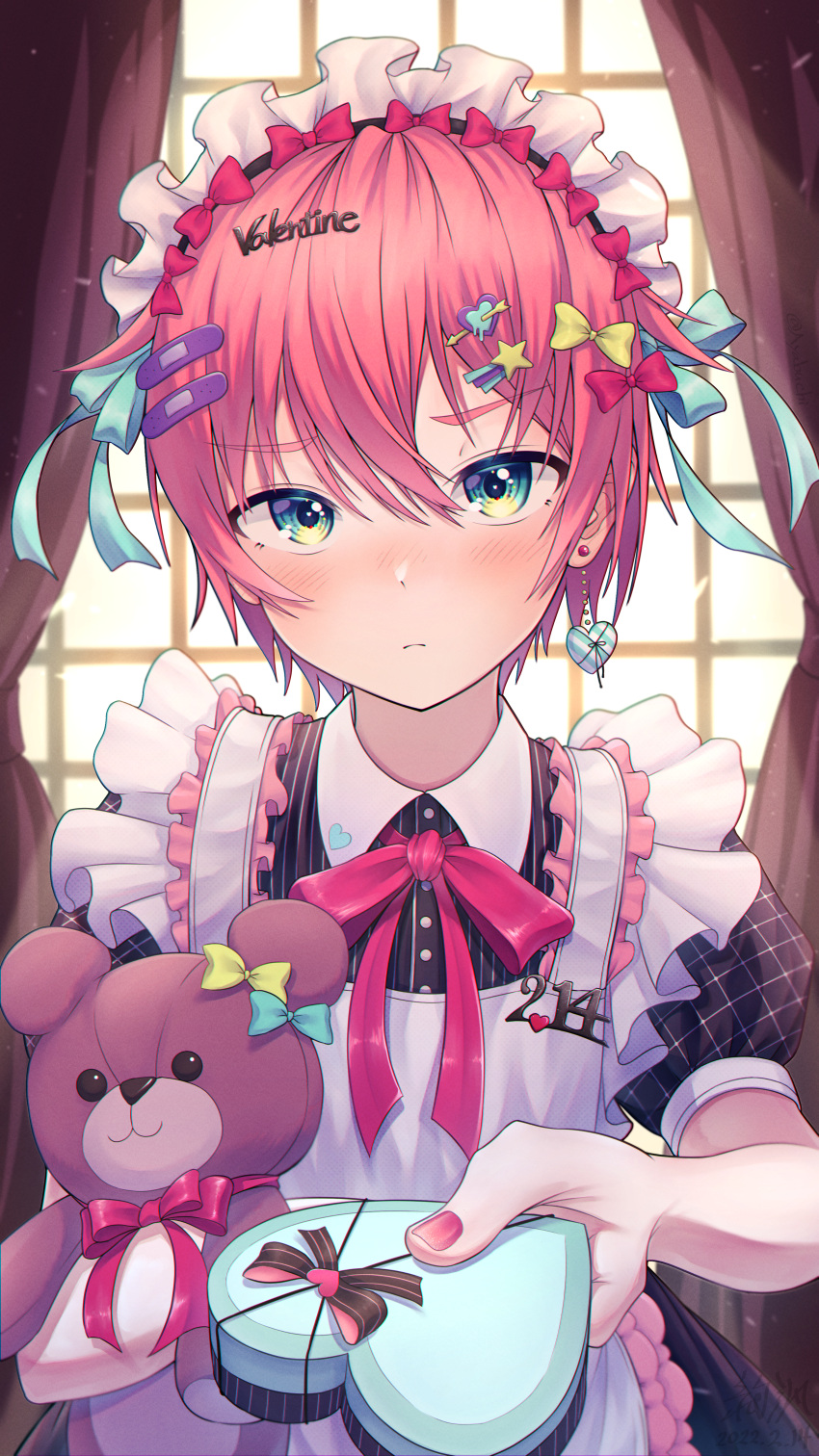 1boy absurdres apron ayabuchi blue_eyes blush box box_of_chocolates candy chocolate closed_mouth crossdressing food heart heart-shaped_chocolate highres looking_at_viewer maid maid_apron maid_headdress male_focus nail_polish original otoko_no_ko pink_hair pink_theme short_hair solo stuffed_animal stuffed_toy teddy_bear valentine