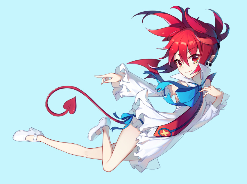 1girl ar_(3779609928) breasts disgaea dress earrings etna jewelry looking_at_viewer makai_senki_disgaea pointy_ears red_eyes redhead short_hair simple_background skirt skull_earrings small_breasts solo tail twintails white_dress