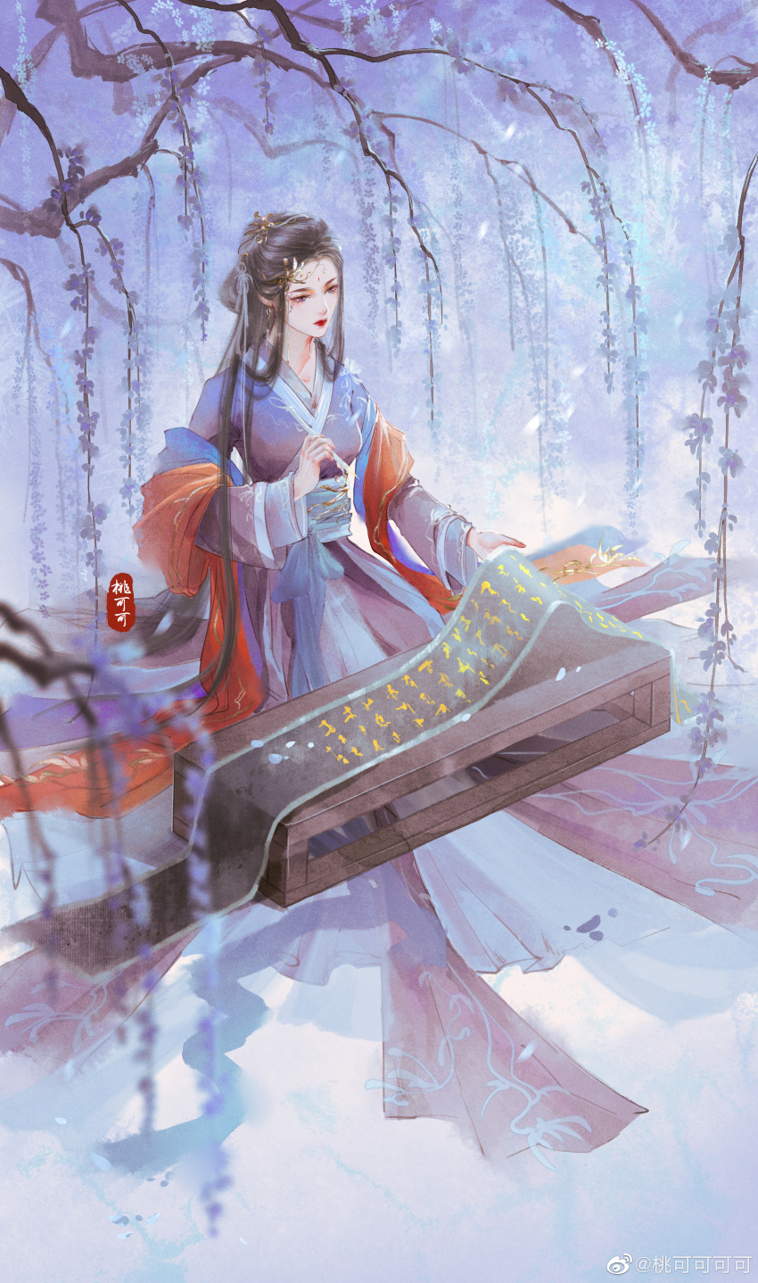 1girl absurdres blue_dress branch brush dress expressionless facial_mark flower forehead_mark from_above highres long_hair long_sleeves original red_lips sash scroll sitting solo table tao_kekekeke very_long_hair wisteria