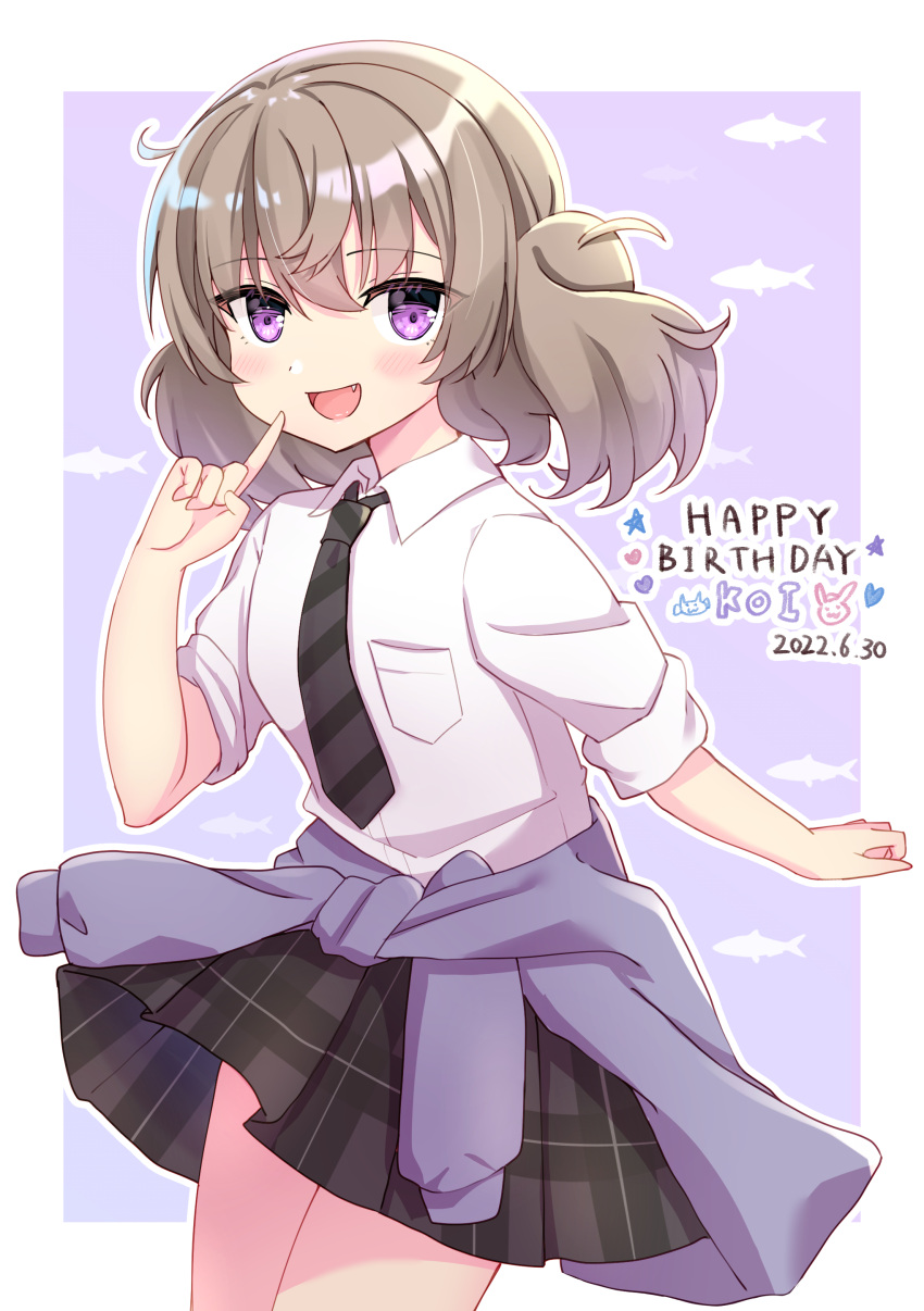 1girl :d absurdres ao_(flowerclasse) bangs blush brown_hair clothes_around_waist collared_shirt commentary_request dated diagonal-striped_necktie dress_shirt fang grey_skirt hair_between_eyes hand_up happy_birthday highres plaid plaid_skirt pleated_skirt purple_background school_uniform shirt short_sleeves skirt slow_loop smile solo standing twintails two-tone_background violet_eyes white_background white_shirt yoshinaga_koi