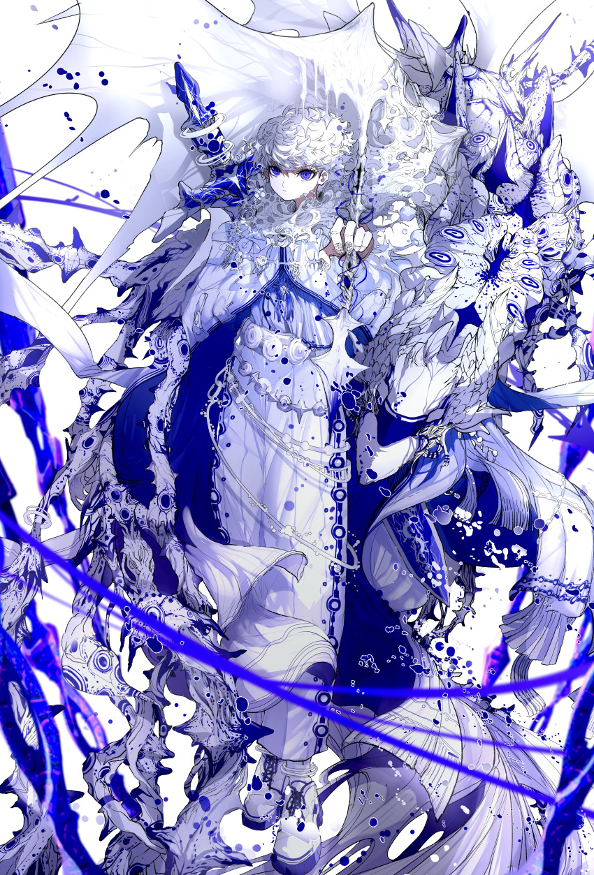 1boy absurdres androgynous blue_eyes blue_theme boots coat dress facing_to_the_side fantasy highres looking_at_viewer male_focus original rakugaki_choo scarf shoes short_hair solo white_background white_dress white_hair white_theme