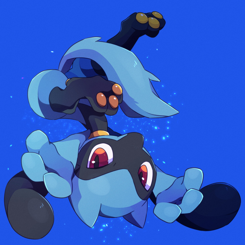 arms_up blue_background blue_fur commentary_request full_body highres ktyon3 looking_at_viewer pokemon pokemon_(creature) red_eyes riolu solo toes upside-down