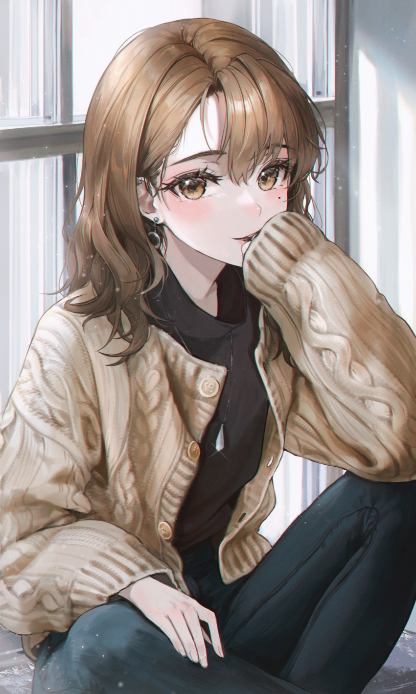 1girl absurdres bangs bbeedol black_shirt blue_pants blush brown_cardigan brown_eyes brown_hair cardigan commission denim ear_piercing earrings glint hand_up highres indian_style jewelry long_hair long_sleeves looking_at_viewer mole mole_under_eye necklace open_cardigan open_clothes original pants parted_lips piercing pixiv_request shirt sitting sleeves_past_wrists smile solo swept_bangs
