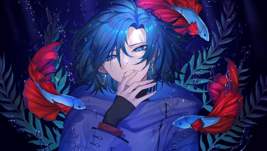 1boy absurdres black_hair blue_eyes blue_hair bubble chocolate4170615 colored_tips earrings fish highres jewelry long_sleeves male_focus multicolored_hair original seaweed short_hair sleeves_past_wrists smile solo teeth underwater