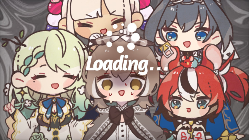 5girls ahoge animal_ears antlers bangs bare_shoulders blonde_hair blue_cape blue_eyes blue_hair blue_ribbon braid braided_bangs branch brown_capelet brown_cloak brown_eyes brown_hair buffering cape capelet ceres_fauna cloak closed_eyes crop_top dark-skinned_female dark_skin dice_hair_ornament dress english_text feather_hair_ornament feathers flower green_hair hair_flower hair_intakes hair_ornament hair_over_one_eye hairclip hakos_baelz head_chain hieroglyphics highres holocouncil hololive hololive_english long_hair mole mole_under_eye mouse_ears mouse_on_head mouse_tail mousetrap mr._squeaks_(hakos_baelz) multicolored_hair multiple_girls nanashi_mumei ouro_kronii planet_hair_ornament ponytail redhead ribbon shirt short_hair streaked_hair sweat sweating_profusely tail tsukumo_sana turtleneck twintails veil very_long_hair virtual_youtuber walabemoti2 white_shirt wide_sleeves zipper
