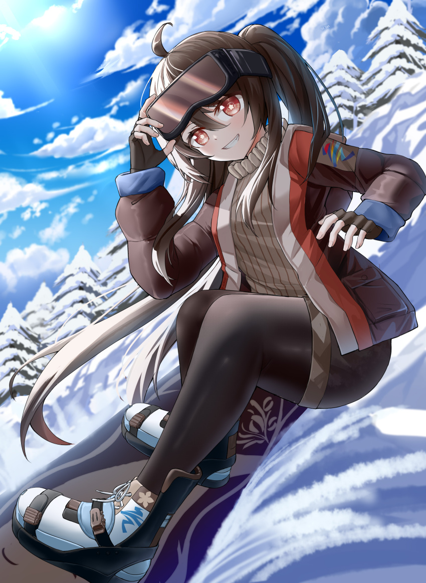 1girl :d absurdres adjusting_eyewear ahoge alternate_costume ass bangs bent_over black_gloves black_hair black_legwear black_shorts blue_sky clouds cloudy_sky commentary_request fingerless_gloves genshin_impact gloves grin hair_between_eyes highres hu_tao_(genshin_impact) long_hair long_sleeves looking_at_viewer pantyhose pine_tree red_eyes short_shorts shorts sidelocks ski_goggles sky skym_(kumei) smile snow snowboard snowboarding solo sunlight sweater symbol-shaped_pupils tree turtleneck turtleneck_sweater twintails