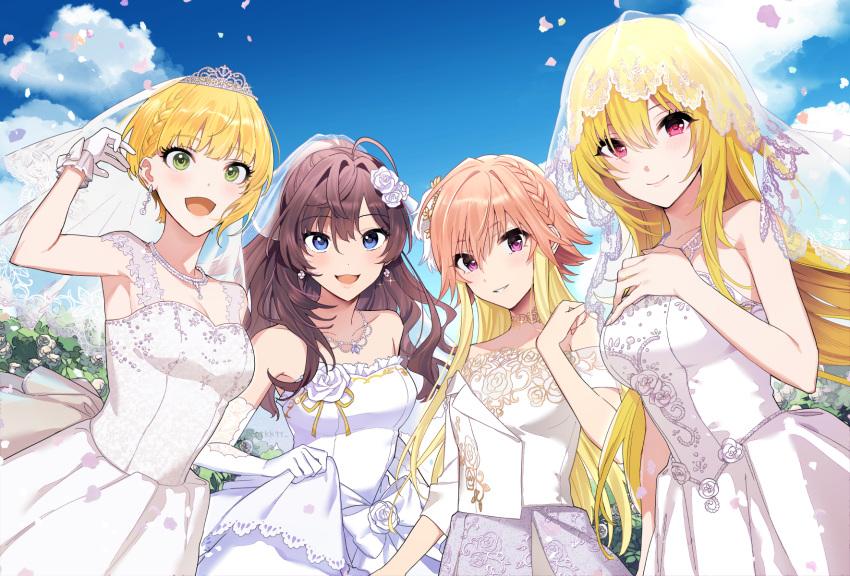 4girls :d ahoge bare_shoulders blonde_hair blue_eyes blue_sky blush breasts bridal_veil bride brown_hair clouds collarbone day dress earrings elbow_gloves flat_chest flower gloves green_eyes hair_flower hair_ornament highres ichinose_shiki idolmaster idolmaster_cinderella_girls jewelry kurosaki_chitose large_breasts long_hair medium_breasts miyamoto_frederica multicolored_hair multiple_girls necklace ninomiya_asuka outdoors petals pink_hair rose short_hair sky sleeveless sleeveless_dress smile tiara tokito0305 two-tone_hair veil violet_eyes wavy_hair wedding_dress white_dress white_flower white_gloves white_rose