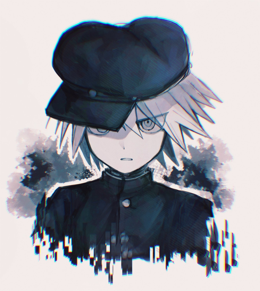 1boy bangs black_headwear black_jacket buttons cropped_torso danganronpa_(series) danganronpa_v3:_killing_harmony gradient gradient_background grey_background grey_eyes grey_hair hair_between_eyes highres jacket keebo official_alternate_costume parted_lips solo spiky_hair teeth tenji_osuosu