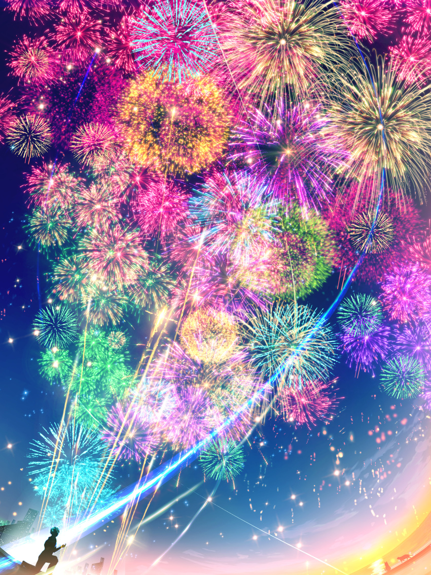 absurdres bouquet cat city city_below city_lights colorful dog explosion fireworks highres light makoron117117 multicolored_background night night_sky original outdoors scenery sky solo summer sunset