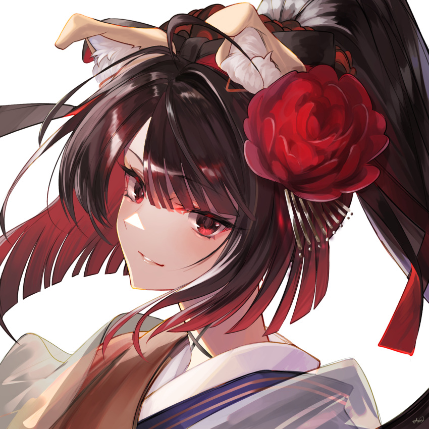 1girl ahoge animal_ear_fluff animal_ears bangs black_hair blunt_bangs closed_mouth dog_ears face fate/grand_order fate_(series) flower gradient_hair hair_flower hair_ornament hair_ribbon highres japanese_clothes jazztaki kanzashi kyokutei_bakin_(fate) long_hair looking_at_viewer multicolored_hair parted_bangs ponytail red_eyes red_flower redhead ribbon shiny shiny_hair sidelocks signature simple_background smile solo white_background