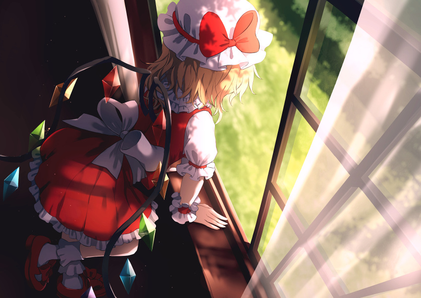 1girl arm_support back_bow blonde_hair bow commentary dise dress flandre_scarlet frilled_skirt frills full_body grass hat hat_bow highres indoors leaning looking_outside mob_cap open_window puffy_short_sleeves puffy_sleeves red_bow red_dress red_footwear red_skirt red_vest revision see-through short_hair short_sleeves skirt skirt_set solo standing touhou vest white_bow white_curtains white_headwear white_legwear white_sleeves white_wrist_cuffs window windowsill wings wrist_cuffs