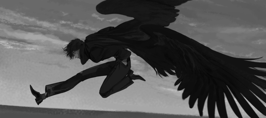 1boy blurry closed_eyes depth_of_field feathered_wings from_side full_body greyscale gudgid71 hand_in_pocket highres jumping long_sleeves male_focus monochrome original outstretched_leg pants profile shoes sky solo spread_wings turtleneck wings