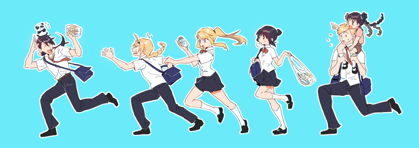 3boys 3girls absurdres alphonse_elric animal animal_on_head bag black_footwear black_hair black_pants black_skirt blue_background bottle bow braid braided_ponytail bread carrying chasing collared_shirt contemporary double_bun dress_shirt edward_elric flying_sweatdrops food from_side full_body fullmetal_alchemist hair_bun hands_up highres holding holding_bottle holding_food kneehighs lan_fan ling_yao lingzi_sang loafers long_hair looking_at_another looking_away low_ponytail may_chang melon_bread milk milk_bottle miniskirt multiple_boys multiple_braids multiple_girls necktie olivier_mira_armstrong on_head outline outstretched_arm panda pants plastic_bag pleated_skirt pointing pointing_at_another ponytail reaching red_bow red_necktie running salute school_bag school_uniform shirt shirt_tucked_in shoes short_sleeves shoulder_bag shoulder_carry sidelocks single_braid skirt tears untucked_shirt updo white_legwear white_outline white_shirt winry_rockbell xiao-mei