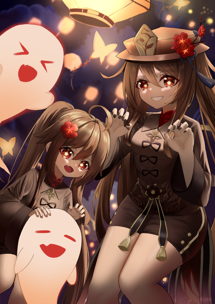 &gt;_&lt; 2girls :d absurdres ahoge bangs black_hair black_nails black_shorts chinese_clothes clouds cloudy_sky commentary_request dual_persona floating floating_object flower genshin_impact ghost ghost_pose grin hair_between_eyes hat hat_flower hat_ornament height_difference highres hu_tao_(genshin_impact) jewelry lantern lantern_festival leaning_forward long_hair long_sleeves looking_at_viewer multiple_girls night night_sky paper_lantern red_eyes ring short_shorts shorts sidelocks size_difference sky sky_lantern skym_(kumei) smile symbol-shaped_pupils twintails xd younger