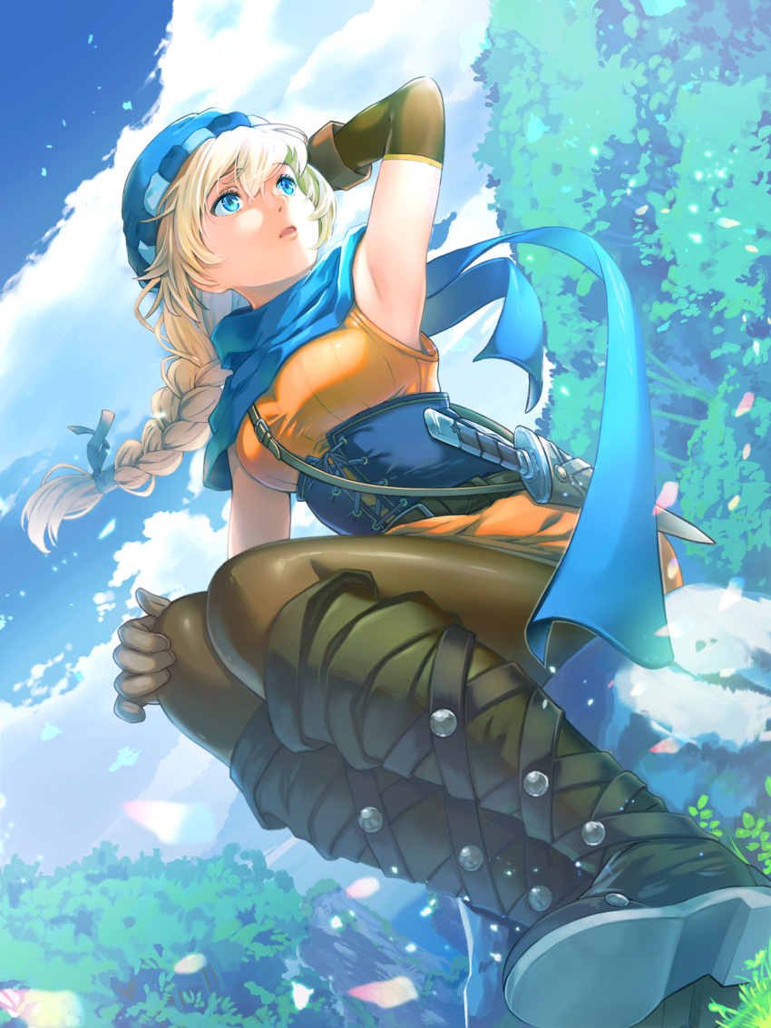 1girl arm_up armpits belt blonde_hair blue_scarf boots braid braided_ponytail brown_legwear clouds cloudy_sky corset dagger dress dutch_angle elbow_gloves fire_emblem fire_emblem:_genealogy_of_the_holy_war foreshortening gloves hat highres knife leggings long_hair looking_away looking_to_the_side outdoors patty_(fire_emblem) rock scarf sheath short_dress sitting sky sleeveless sleeveless_dress solo tree umipro weapon