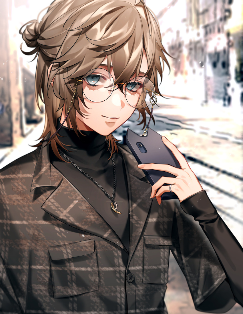 1boy absurdres bespectacled black_jacket black_shirt blue_eyes blurry blurry_background brown_hair buttons checkered_clothes checkered_jacket eyewear_strap fingernails glasses hair_bun half_updo highres holding holding_phone jacket jewelry kanae_(nijisanji) looking_at_viewer male_focus medium_hair necklace nijisanji official_alternate_costume parted_lips phone pinky_ring round_eyewear shirt single_hair_bun smile solo turtleneck upper_body virtual_youtuber zuo1019