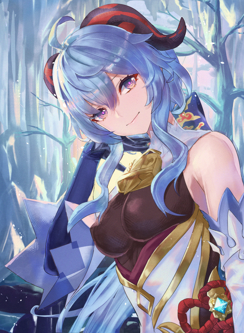 1girl ahoge bangs bare_shoulders bell blue_gloves blue_hair bow breasts chinese_knot detached_sleeves flower_knot ganyu_(genshin_impact) genshin_impact gloves gold_trim highres horns long_hair looking_at_viewer medium_breasts neck_bell r1n54234459 sidelocks smile solo upper_body violet_eyes vision_(genshin_impact) white_sleeves