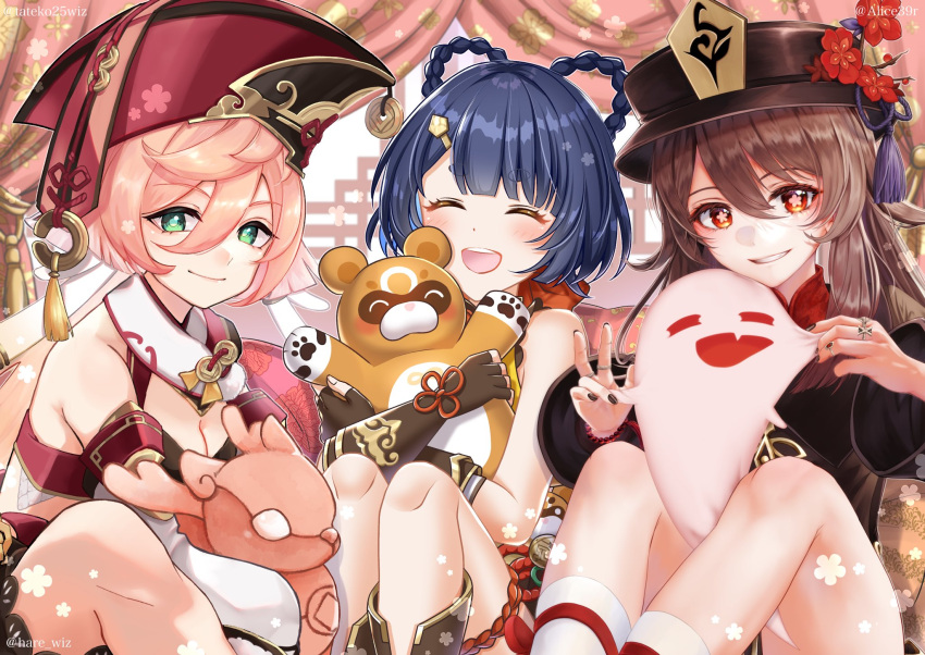 3girls black_nails blue_hair blush brown_hair chinese_clothes closed_eyes flower flower-shaped_pupils genshin_impact ghost gradient_hair green_eyes grin guoba_(genshin_impact) hair_between_eyes hair_ornament hat highres hu_tao_(genshin_impact) jewelry long_hair looking_at_viewer multicolored_hair multiple_girls pink_hair plum_blossoms porkpie_hat red_eyes ring smile symbol-shaped_pupils tateko25wiz v white_legwear xiangling_(genshin_impact) yanfei_(genshin_impact)