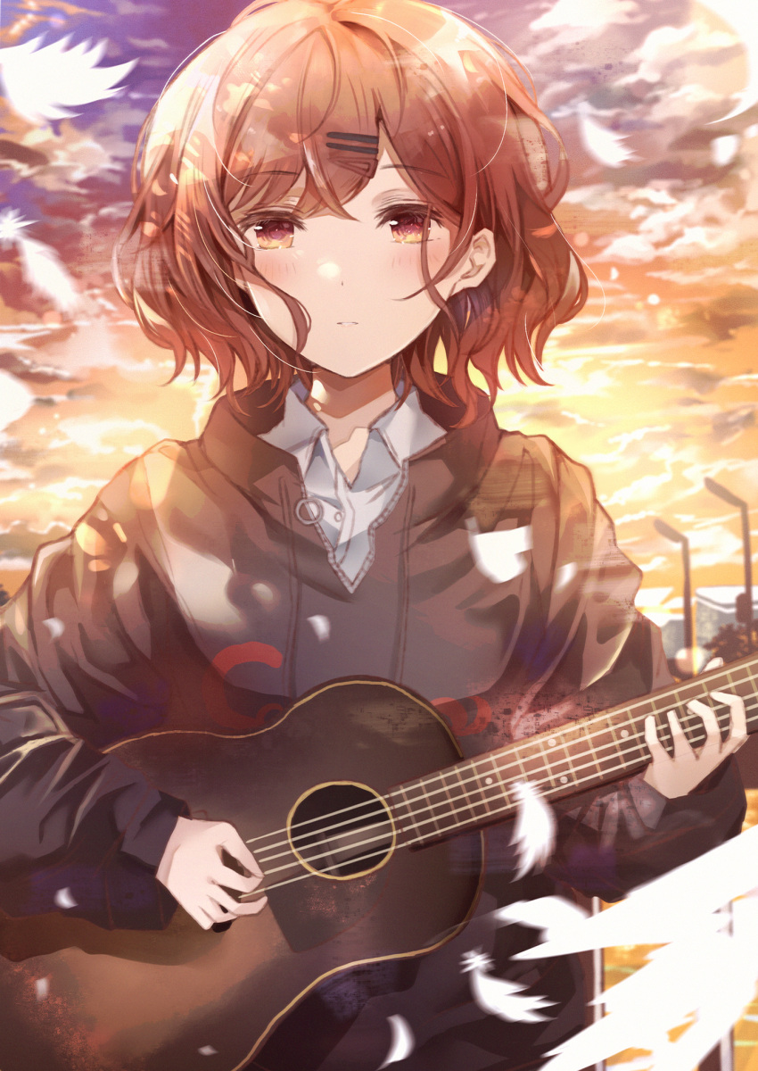 1girl bangs blush brown_eyes brown_hair clouds cloudy_sky collared_shirt drawstring feathers guitar hair_ornament hairclip highres higuchi_madoka holding holding_instrument idolmaster idolmaster_shiny_colors instrument long_sleeves looking_at_viewer namamake outdoors parted_lips shirt short_hair sky solo sunset sweatshirt upper_body white_shirt