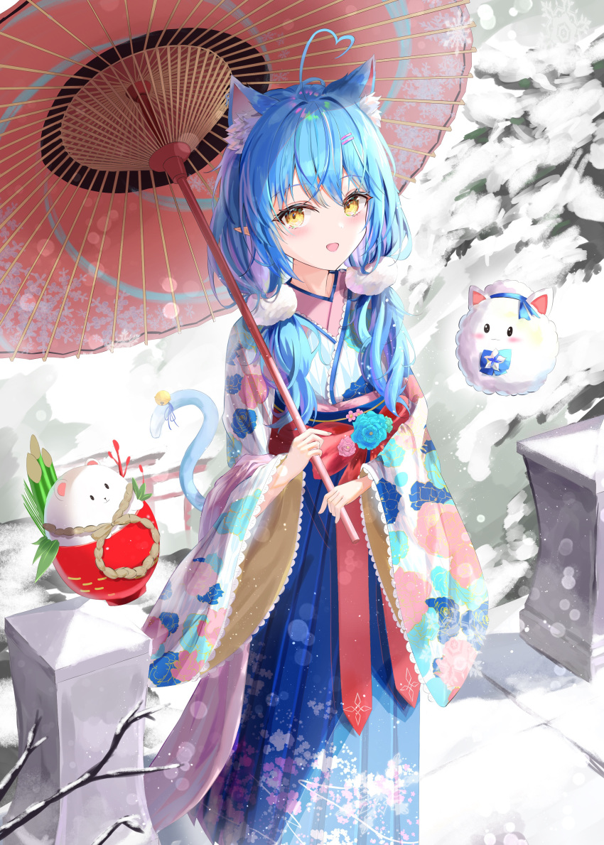 absurdres ahoge animal_ear_fluff animal_ears bangs bell blue_hair blue_hakama blush cat_ears cat_girl cat_tail daifuku_(yukihana_lamy) floral_print hair_ornament hairclip hakama hakama_skirt heart heart_ahoge highres holding holding_umbrella hololive japanese_clothes kimono long_hair long_sleeves multicolored_hair oil-paper_umbrella open_mouth pointy_ears print_kimono skirt streaked_hair tail tail_bell tail_ornament tonasegaill twintails umbrella virtual_youtuber wide_sleeves yellow_eyes yukihana_lamy yukimin_(yukihana_lamy)