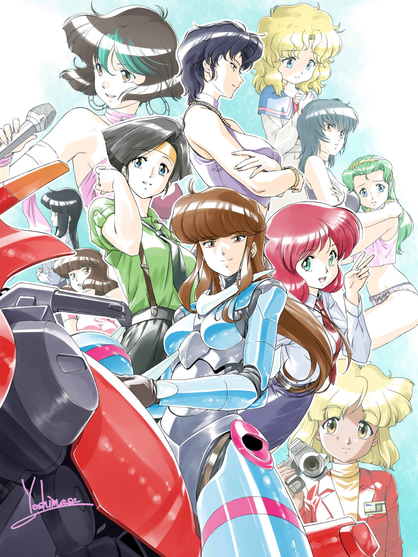 1980s_(style) 6+girls absurdres black_hair blonde_hair blue_eyes breasts brown_eyes brown_hair bubblegum_crisis green_eyes green_hair ground_vehicle hardsuit highres linna_yamazaki long_hair medium_breasts microphone motor_vehicle motorcycle multiple_girls nene_romanova pink_hair power_armor priscilla_asagiri retro_artstyle shiny shiny_hair short_hair sylia_stingray sylvie_(bubblegum_crisis) yellow_eyes yoshinaga_masahiro