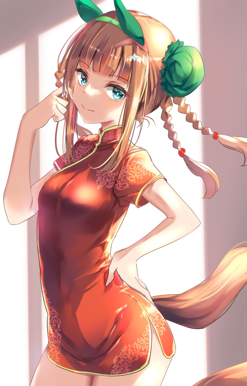 1girl absurdres animal_ears bangs blue_eyes blunt_bangs braid breasts bun_cover china_dress chinese_clothes closed_mouth commentary cowboy_shot dress hair_bun hand_on_hip highres horse_ears horse_girl horse_tail light_blue_eyes long_hair looking_at_viewer multiple_braids orange_hair red_dress ruffling_hair short_dress short_sleeves side_braids side_slit sidelighting sidelocks silence_suzuka_(umamusume) small_breasts solo split_mouth tail umamusume uu-tan_(hushigi10)