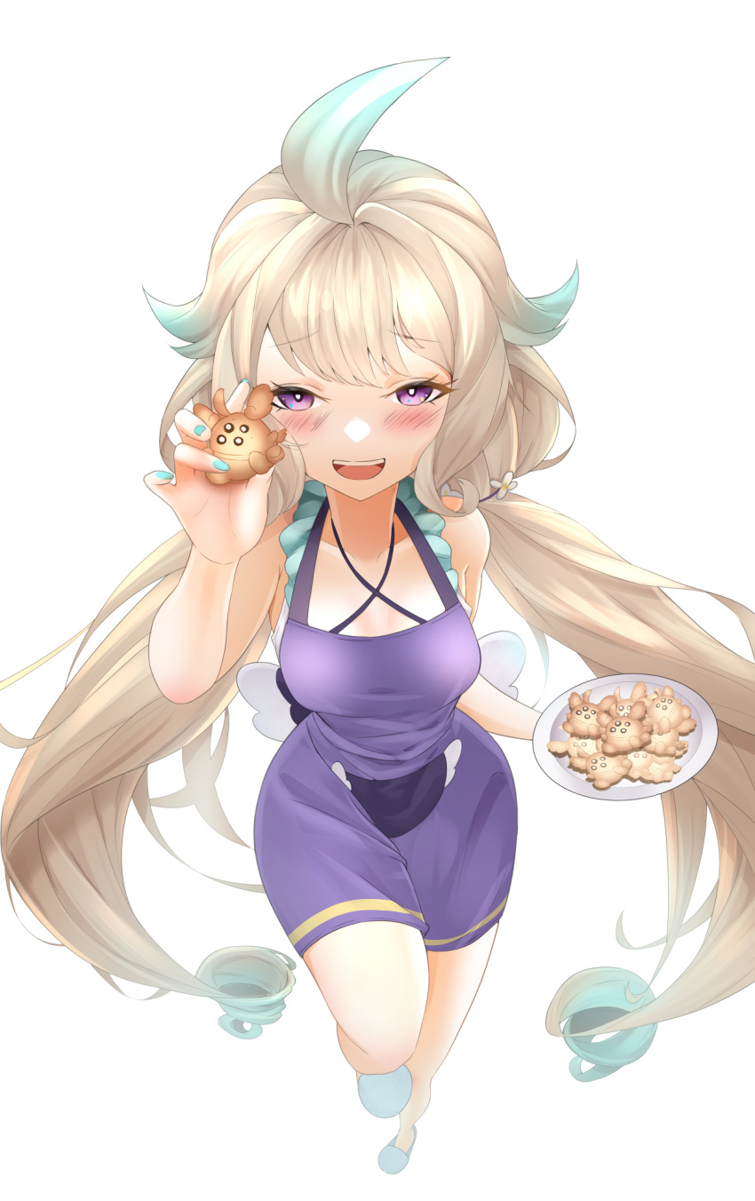 1girl absurdly_long_hair ahoge aloupeep_(enna_alouette) bangs blonde_hair blue_footwear blue_hair blush bow breasts camisole cookie enna_alouette flower food hair_flower hair_ornament highres hoshiyoru_yuzu long_hair looking_at_viewer low_twintails multicolored_hair nijisanji nijisanji_en plate purple_apron purple_bow slippers small_breasts solo standing twintails very_long_hair violet_eyes virtual_youtuber white_background white_camisole white_flower