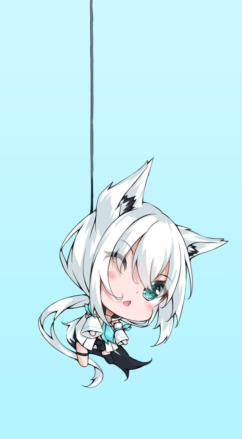 1girl absurdres animal_ears bangs black_shorts blue_background blue_neckerchief blush chibi commentary_request detached_sleeves fox_ears fox_girl fox_tail green_eyes hair_between_eyes hanging highres hololive hood hoodie ikamoworkshop long_hair looking_at_viewer neckerchief one_eye_closed open_mouth shirakami_fubuki short_shorts shorts sidelocks simple_background single_thighhigh solo tail thigh-highs thigh_strap virtual_youtuber white_hair white_hoodie wire