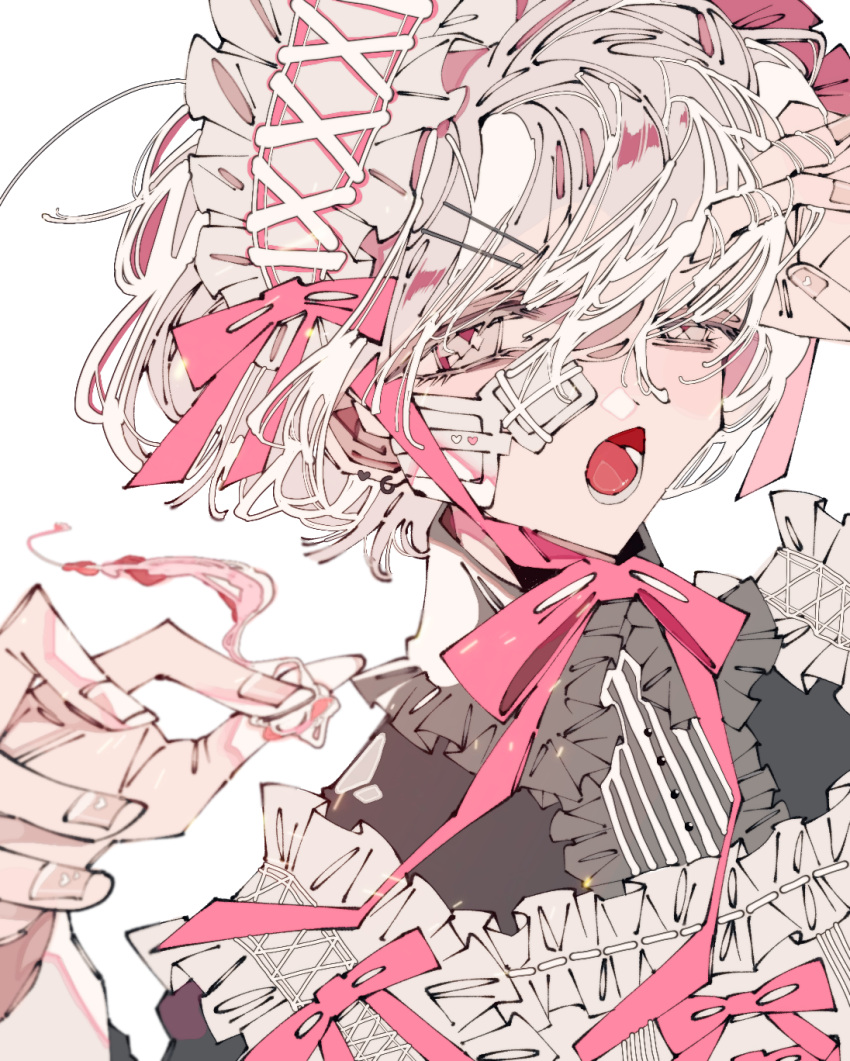 1boy androgynous apron bandages bandaid crossdressing dream_1522 ear_piercing highres looking_at_viewer maid maid_apron maid_headdress male_focus open_mouth original otoko_no_ko piercing pink_eyes short_hair sketch solo white_background white_hair