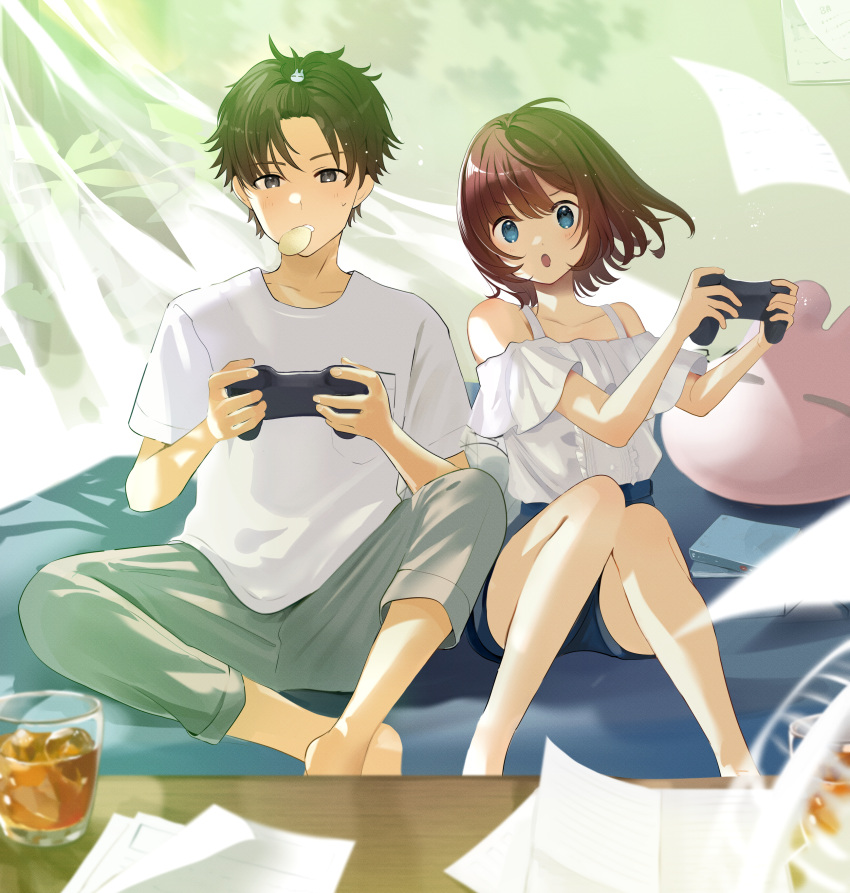 1boy 1girl :o absurdres bangs bangs_pinned_back barefoot blue_eyes blush brown_hair bunny_hair_ornament center_frills chips controller cup curtains dappled_sunlight denim denim_shorts drink electric_fan food food_in_mouth frills game_controller hair_ornament hands_up highres holding holding_controller holding_game_controller ice ice_cube indian_style knees_together_feet_apart light_rays medium_hair mouth_hold off-shoulder_shirt off_shoulder on_bed open_mouth original pants paper plant potato_chips shirt short_hair short_sleeves shorts sitting stuffed_animal stuffed_bunny stuffed_toy sunlight sweat t-shirt tasuku_(otomebotan) v-shaped_eyebrows