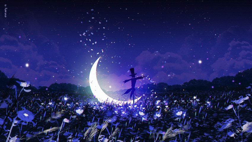 clouds crescent_moon fantasy flower grass highres moon night original plant purple_flower purple_sky reinforced scarecrow scenery