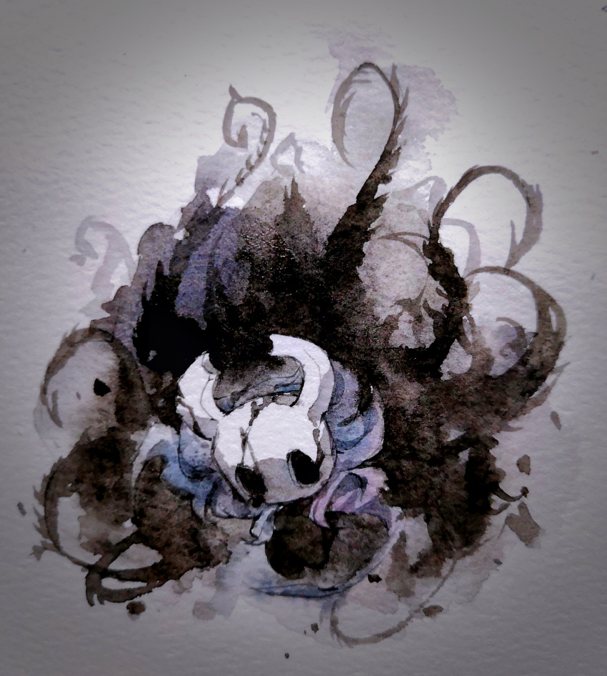 1other absurdres blue_cloak chinese_commentary cloak commentary_request cracked_skin darkness funeralll_black grey_background highres hollow_eyes hollow_knight knight_(hollow_knight) mask no_humans painting_(medium) photo_(medium) simple_background solo tentacles traditional_media watercolor_(medium)